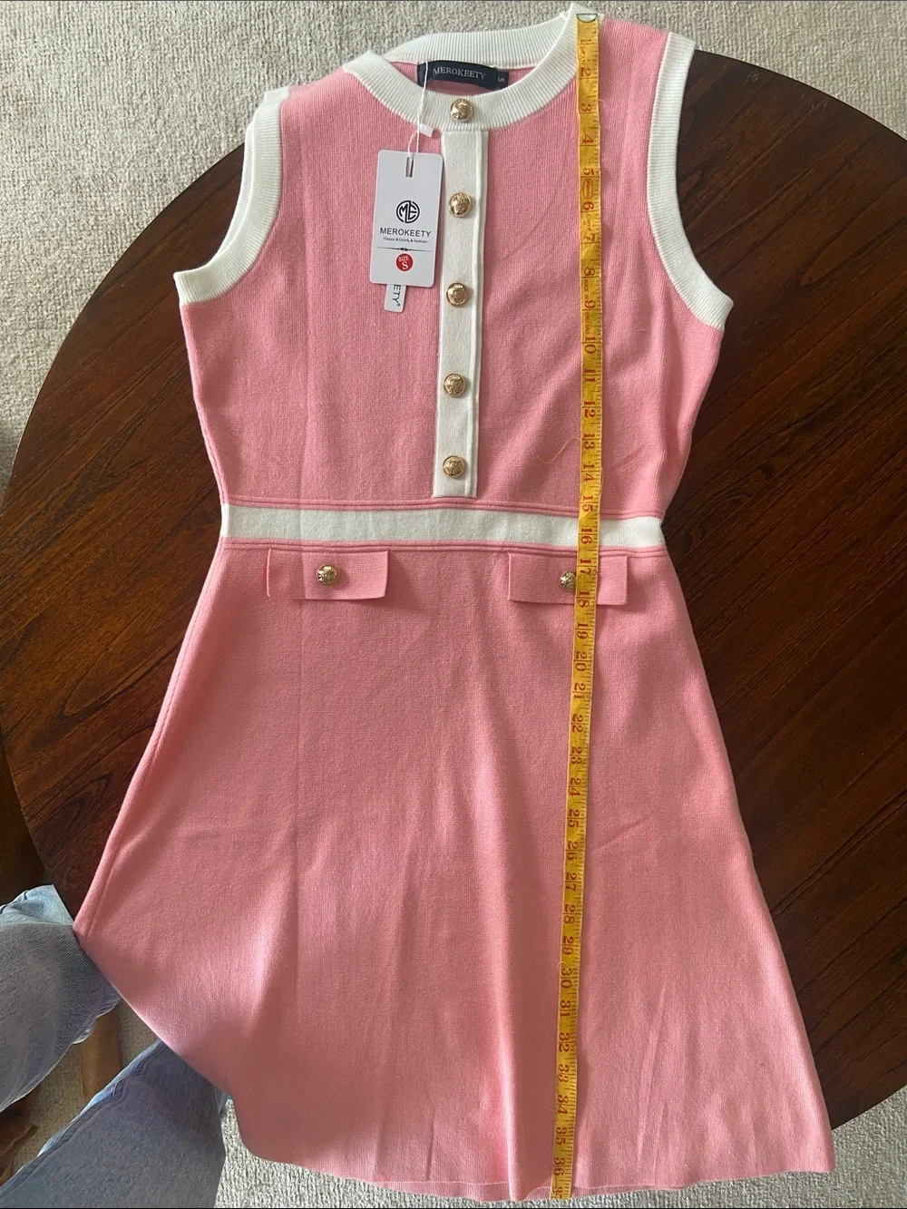 Sleeveless Pink Mini Dress with White Trim and Gold Buttons - Picture 5 of 6